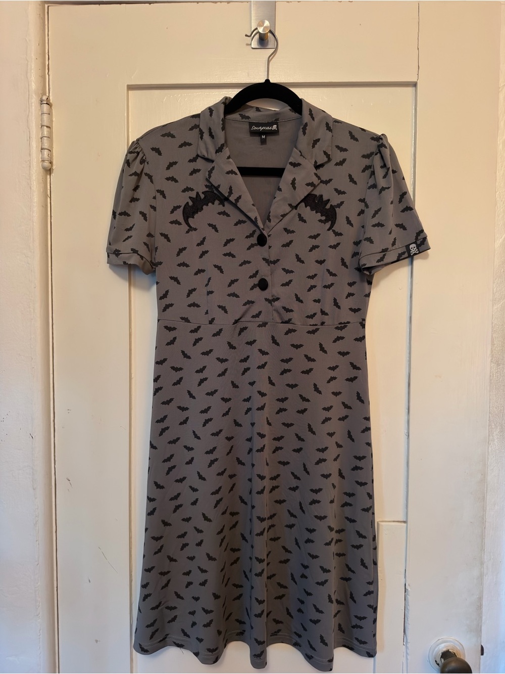 Sourpuss Bat Print Dress in Grey Sz M